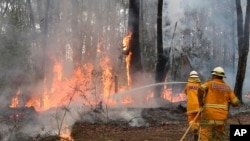 Petugas pemadam kebakaran mencoba mengendalikan kobaran api dekat perumahan di Bilpin, 75 kilometer dari barat Sydney, Australia (22/10). (AP/Rob Griffith)
