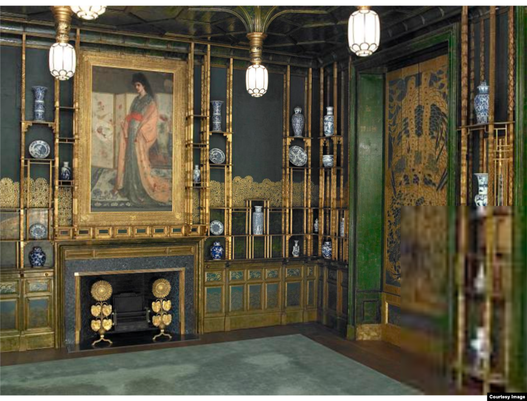 Harmony in Blue and Gold: The Peacock Room, U.S. artist James McNeill Whistler, 1834-1903, oil paint and gold leaf on canvas, leather and wood.