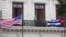 FILE - U.S. and Cuban flags hang side by side at the U.S pavilion during the Havana International Fair (FIHAV) in Cuba, Nov. 2, 2015. 