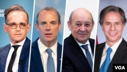 از راست وزرای خارجه آمریکا، فرانسه، بریتانیا و آلمان