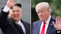 Foto pemimpin Korea Utara Kim Jong-un di Pyongyang, Korea Utara, 15 April 2017 (kiri) dan Presiden AS Donald Trump di Washington, 29 April 29, 2017. (Foto: dok).
