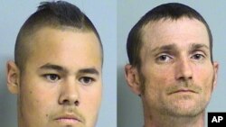 This photo combo of images provided by the Tulsa Police Department via the Tulsa World shows Jacob England, left, and Alvin Watts. 