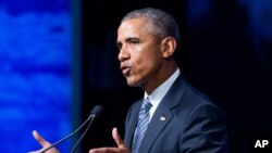 바락 오바마 미국 대통령이 31일 미 국무부 주최로 알래스카 앵커리지에서 열린 극지방 환경 정상회의에서 연설하고 있다.