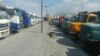 In this photo sent to VOA Persian, Iranian trucks idled by a 4-day-old truckers strike can be seen in the northern province of Qazvin, Sept. 26, 2018. (VOA)