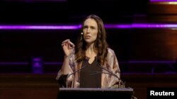 新西兰总理阿德恩2019年7月18日在墨尔本发表讲话。