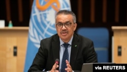 Mkuu wa WHO, Tedros Adhanom Ghebreyesus akizungumza kutoka Geneva, Feb. 21, 2021.