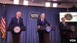 美国国务次卿香农（左）、国防部副部长沙纳罕（中）和能源部副部长布鲁耶特（右）2018年2月2日在五角大楼的记者会上公布核态势评估报告（美国之音叶林拍摄） 