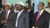 Somali president Sharif Sheik Ahmed, center, Prime Minister, Abdiwali Mohamed Ali, right, and parliament speaker Sharif Hassan Sheik Adan, left, during constituent assembly opening in Mogadishu, July 25, 2012. 