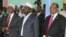 Somali president Sharif Sheik Ahmed, center, Prime Minister, Abdiwali Mohamed Ali, right, and parliament speaker Sharif Hassan Sheik Adan, left, during constituent assembly opening in Mogadishu, July 25, 2012. 