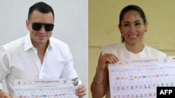 This combination of pictures created on Feb.9, 2025, shows Ecuador's President and presidential candidate Daniel Noboa and candidate Luisa Gonzalez showing their ballots after voting Feb. 9.