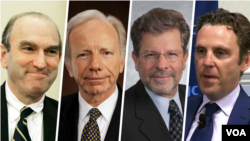 برخی از این کارشناسان و مقامات از جمله از راست: مارک دوبویتز، کليفورد می، سناتور جوزف لیبرمن و الیوت آبرامز