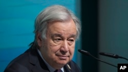 联合国秘书长安东尼奥·古特雷斯（Antonio Guterres）在联合国气候峰会上 （资料照，2024年11月21日）