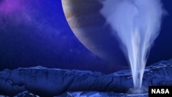 This is an artist's concept of a plume of water vapor thought to be ejected off of the frigid, icy surface of the Jovian moon Europa, located 500 million miles from the Sun.