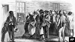 Artist James E. Taylor produced this sketch of the Freedmen's Bureau office in Richmond, Virginia, issuing food rations to old and sick former slaves in 1866