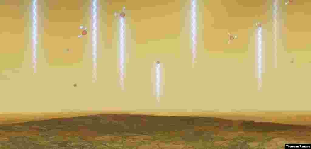 금성 표면위 대기 55-80km 고도에 떠있는 구름속에 생명체가 살고 있을 가능성을 보여주는 인화수소 분자가 발견된 것을 묘사한 일러스트레이션.