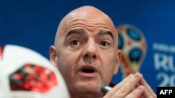 Le président de la FIFA, Gianni Infantino, lors d’une conférence de presse au stade Luzhniki de Moscou le 13 juillet 2018.