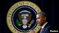 Presiden Barack Obama saat memberikan sambutan di Gedung Putih (19/3).