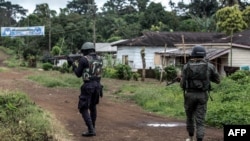 FILE - A Cameroonian policeman and a gendarme patrol in Lysoka, near Buea, in Cameroon's Anglophone South-West region, October 07, 2018.