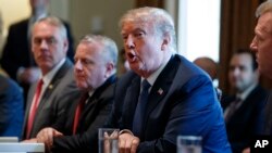 9일 도널드 트럼프 미국 대통령이 백악관에서 열린 각료회의에서 발언하고 있다. 트럼프 대통령은 이날 열린 각료회의에 앞서 북한 측과 접촉이 있었고 미북 정상회담이 5월이나 6월 초 열릴 것이라고 말했다.