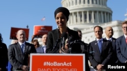 U.S. Rep. Ilhan Omar, a Democrat from Minnesota, speaks about Trump administration policies towards Muslim immigrants at a news conference in Washington, D.C., April 10, 2019. 