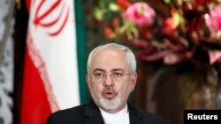 일본을 방문 중인 자리프 장관이 7일 도쿄에서 후미오 기시다 일본 외무상과 공동 기자회견을 하고 있다.