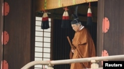 日本明仁天皇在东京皇宫参加天皇宣告退位仪式。2019年4月30日