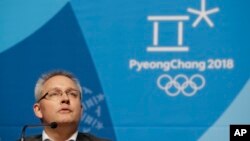 Matthieu Reeb, secrétaire général du TAS lors d'une conférence de presse, Corée du Sud le 1er février 2018 