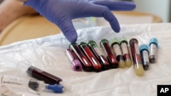FILE - In this photo taken March 21, 2017, a nurse reaches for blood samples taken from a patient receiving a kind of immunotherapy known as CAR-T cell therapy at the Fred Hutchinson Cancer Research Center in Seattle.