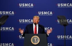 FILE - U.S. President Donald Trump delivers remarks on supporting the passage of the U.S.-Mexico-Canada (USMCA) trade deal during a visit to Milwaukee, Wisconsin, July 12, 2019.