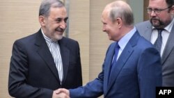 블라디미르 푸틴 러시아 대통령(오른쪽)이 12일 모스크바 관저에서 알리 아크바르 벨라야티 이란 외교담당 수석보좌관을 만나 악수하고 있다. 