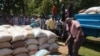 Flood survivors offload bags of maize, ready for distribution. (L. Mesina for VOA)