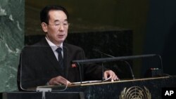 1일 뉴욕 유엔본부에서 열린 제67차 유엔 총회에서 연설하는 북한의 박길연 외무성 부상.