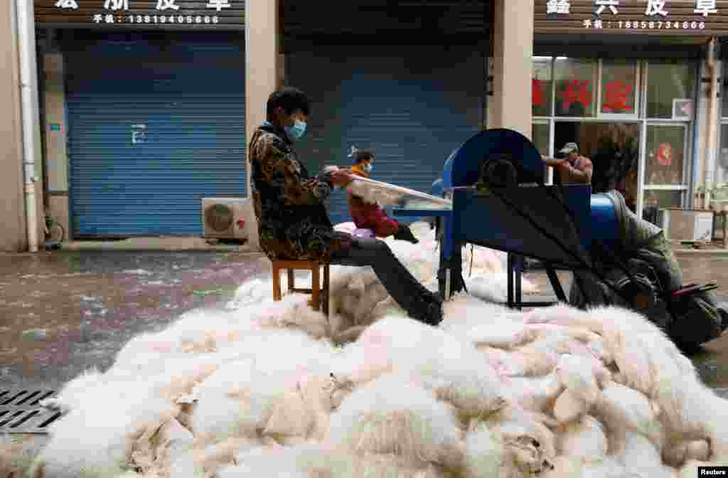 កម្មករ​កំពុង​ធ្វើ​រោម​សត្វ​កញ្រ្ចោង​តាម​ម៉ាស៊ីន​នៅ​ផ្សារ​លក់​រោម​សត្វ​ Chongfu ខេត្ត Zhejiang ប្រទេស​ចិន។