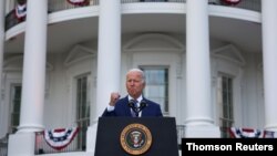 U.S. President Joe Biden delivers remarks at the White House at a celebration of Independence Day in Washington