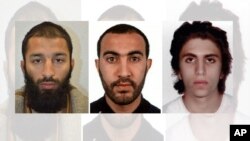 یوسف زغبه (نفر اول از راست)، رشید رضوان، و خرم شازاد بات (چپ) سه عامل حملات تروریستی ۱۳ خرداد ۱۳۹۶ در لندن معرفی شده اند.