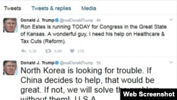 川普总统有关朝核问题的最新推文（网络截图）