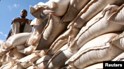 An unidentified government official sits on sacks of wheat donated by the U.S. at a food distribution point near Jijiga, eastern Ethiopia, Dec. 1, 2009.
