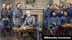 A painting of Confederate Army Commander Robert E. Lee signing the surrender agreement at Appomattox Court House, ending the American Civil War