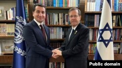 Azərbaycan Prezidentinin köməkçisi Hikmət Hacıyev və İsrail prezidenti İsxaq Hersoq.