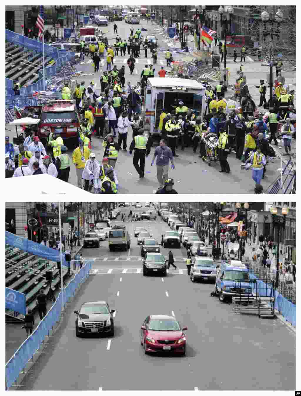 Foto-foto yang diambil pada 15 April 2013 dan 14 April 2014. Foto 2013 menunjukkan petugas medis mengobati orang-orang yang terluka di dekat garis finish. (AP/Charles Krupa)