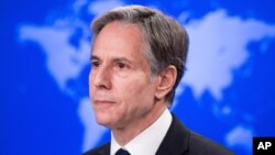 美国国务卿布林肯8月2日在国务院新闻发布会上。（美联社）