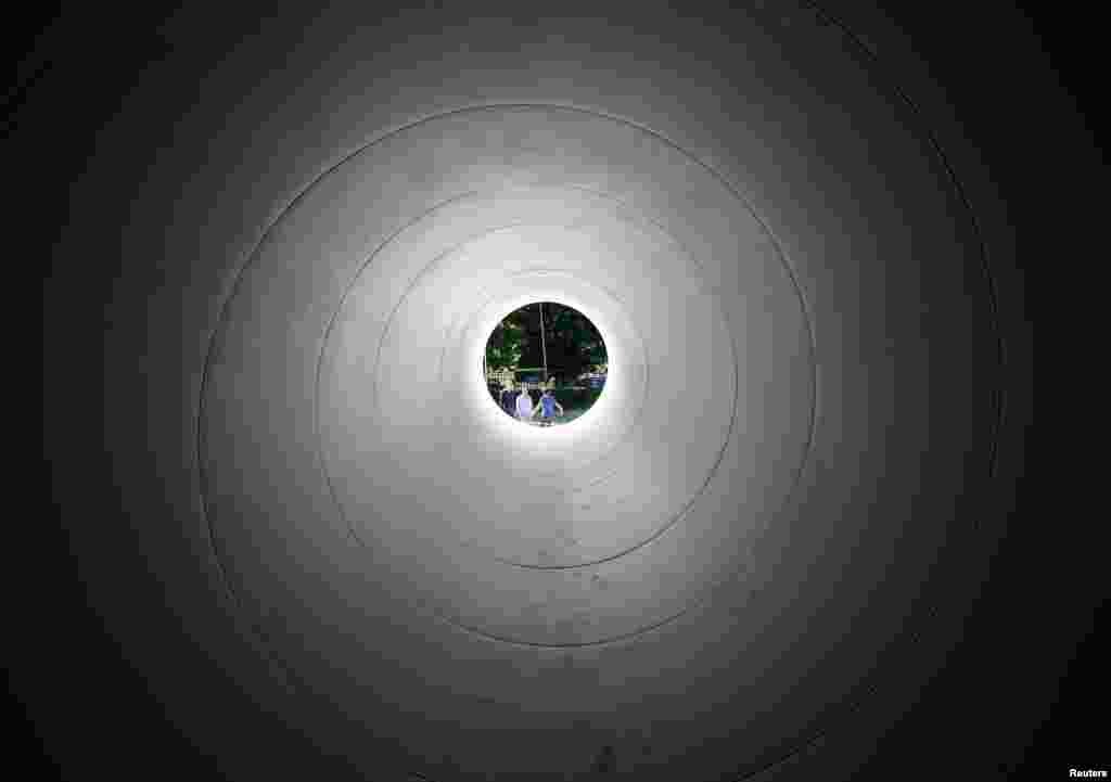 The 30-meter test tube for the hyperloop is seen from the inside in Delft, the Netherlands.