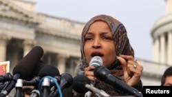 FILE - U.S. Rep. Ilhan Omar, D-Minn., speaks at a news conference at the U.S. Capitol in Washington, Feb. 7, 2019.