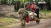 People ride with their belongings on a wooden bicycle as they flee from renewed fighting between Congolese army and M23 rebels near the eastern Congolese city of Goma, July 24, 2012. 