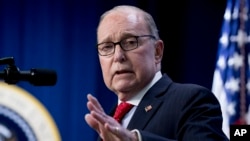 FILE - White House chief economic adviser Larry Kudlow speaks at a conference at the Eisenhower Executive Office Building, on the White House complex, April 17, 2019, in Washington.