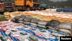FILE - Precursor chemicals used to make illicit drugs such as methamphetamine, ketamine, heroin, and fentanyl were seized by Myanmar police between February and April 2020. (Myanmar Police/UNODC/Handout via REUTERS) 