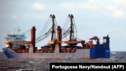 In this handout image by the Portuguese Navy on Dec. 22, 2024, the Russian cargo ship Ursa Major is pictured during a monitoring operation conducted by the Portuguese Navy along the Continental Exclusive Economic Zone off the coast of Portugal. 