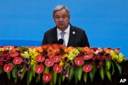 联合国秘书长安东尼奥·古特雷斯（Antonio Guterres）在北京人大会堂出席一带一路论坛是发表讲话。（2023年10月18日）